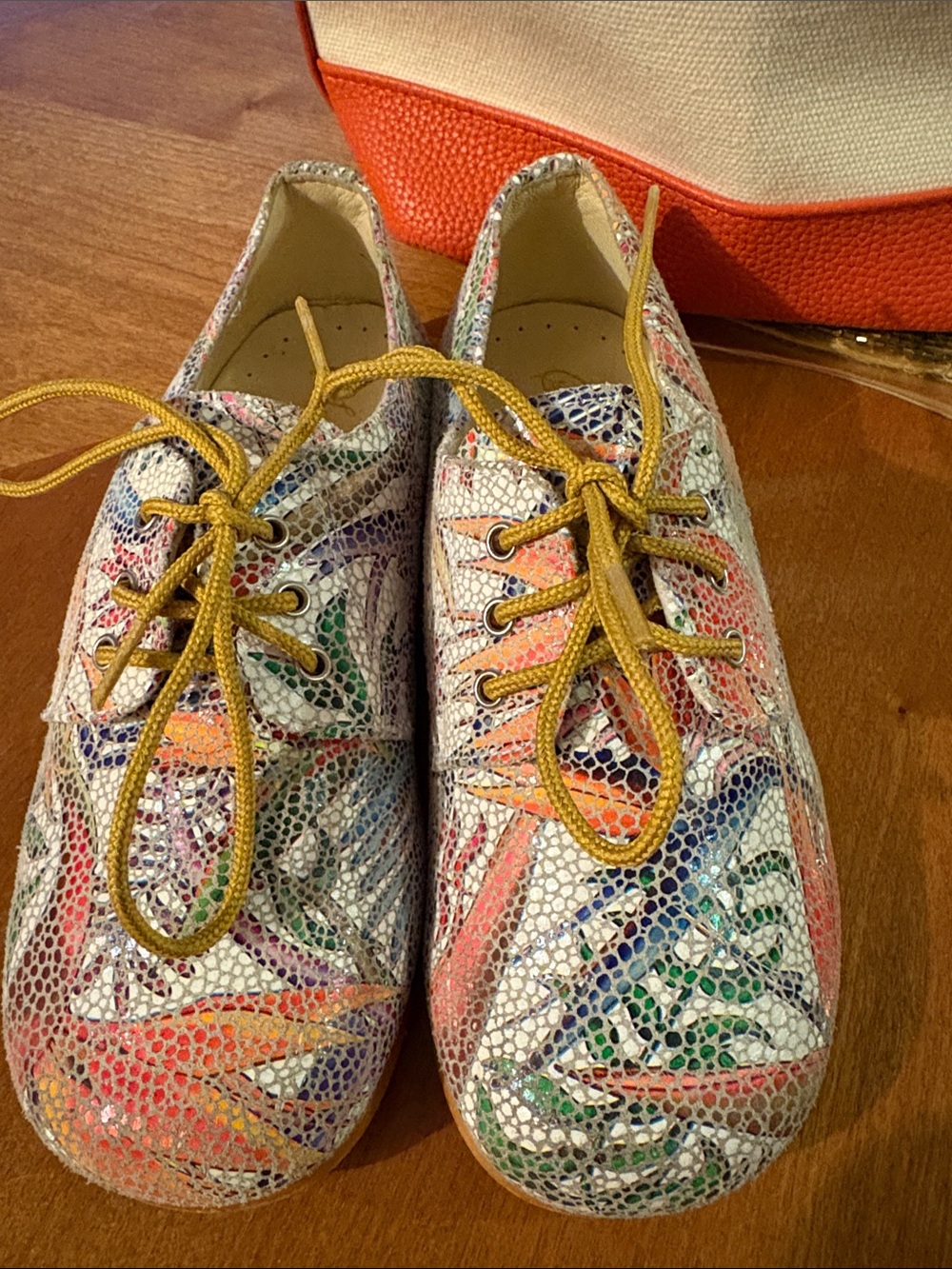 Girls Multicolor Patterned Dress Oxfords with Yellow Laces
